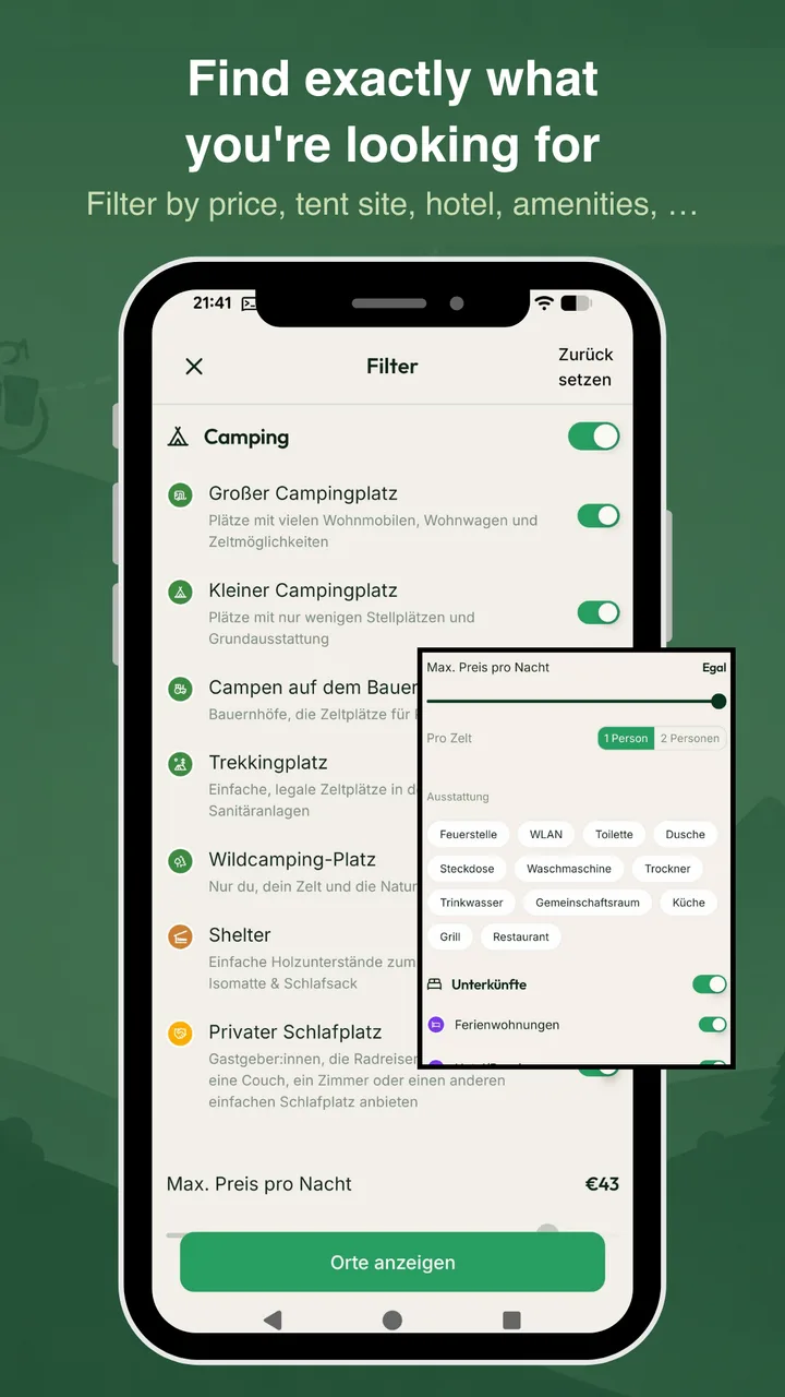 Filter by price, tent site, hotel and amenities – BikeTouri